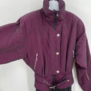 Vintage 80s Womens NILS‎ Ski Snow Suit Stirrup Leggings Purple Cord Embroidery
